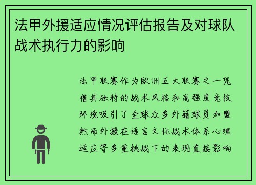 法甲外援适应情况评估报告及对球队战术执行力的影响