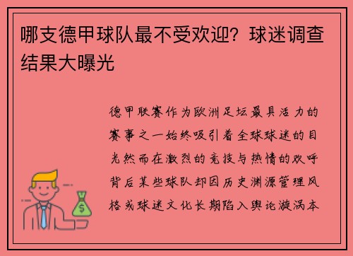哪支德甲球队最不受欢迎？球迷调查结果大曝光