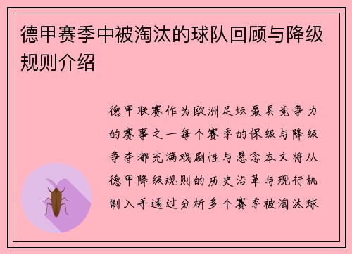 德甲赛季中被淘汰的球队回顾与降级规则介绍